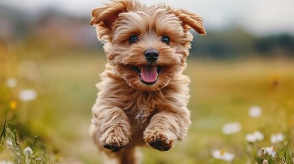 Happy puppy running in a field of wildflowers