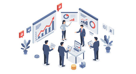 Business team analyzing data in modern isometric office with digital charts and graphs