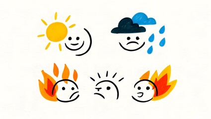 Cute Hand-Drawn Emotion Faces – Doodle-Style Set of Simple Round Faces Showing Happy, Sad, Angry, and Surprised Expressions