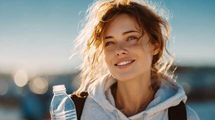 Smiling hiker drinking water during hiking trip on sunny day