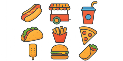 Fast Food Icons Cartoon Style Hot Dog Burger Fries Taco Pizza Cut Out