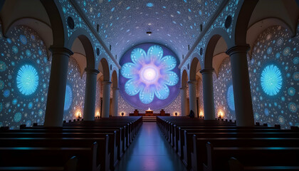 Church Interior Light Projections: Architectural Beauty, Meditative Space, and Spiritual Ambiance with Vibrant Colors and Modern Aesthetics for Tranquil Environment