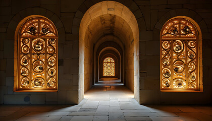 Exquisite Interior Design: Illuminated Hallway with Arched Windows, Geometric Patterns, and Modern Minimalist Aesthetics Creating Structural Elegance and Inviting Atmosphere