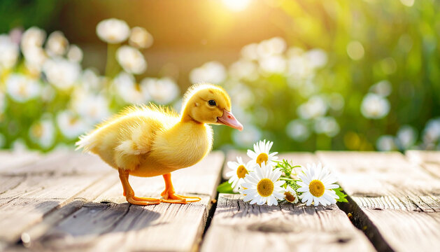 Yellow duckling standing by the daisy flower growing. AI
