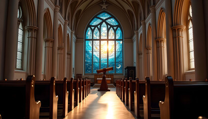 Exquisite Church Interior with Stained Glass and Pews Reflects Gothic Architecture and Spiritual Tranquility