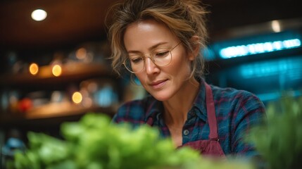 Woman small business owner arranging fresh produce in grocery store