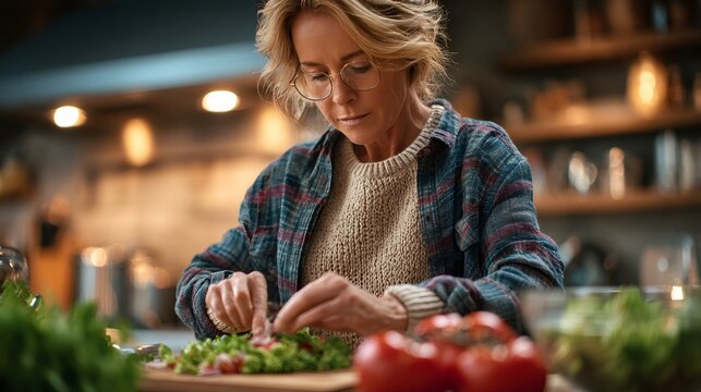 Woman preparing healthy salad in modern kitchen