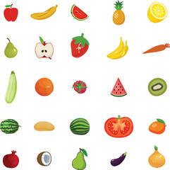 Colorful Assorted Fruits and Vegetables Icons Set 