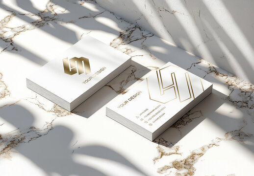 Two White Business Card Stacks Mockup On A Marble Surface
