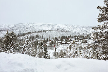 Cozy in a winter fairytale — a peaceful mountain village nestled among snow-covered pines creates a timeless atmosphere of comfort, tradition, and Nordic serenity.