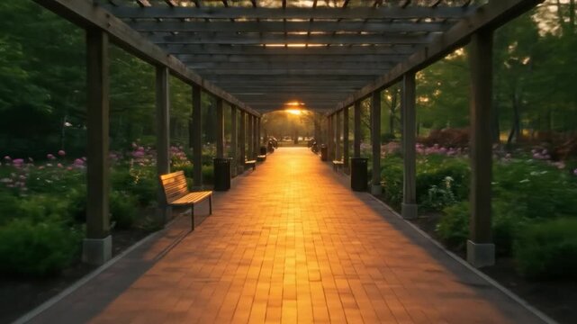 Pergola walkway tunnel with benches in a park at sunset