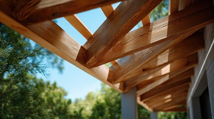 Wooden roof beams with sunlit garden and trees in background