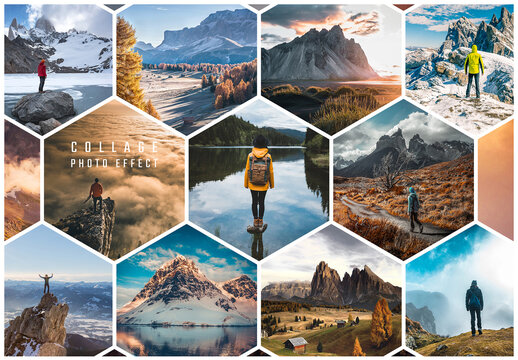 Photo Collage Hexagonal Shapes Effect Mockup