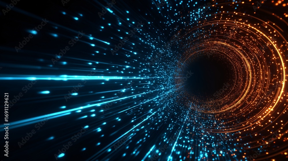 Poster abstract neon glowing tunnel of data points, immersive digital vortex with blue and orange light str