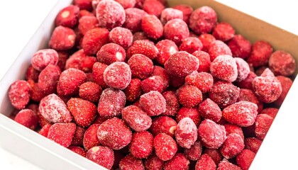 Frozen strawberries in a box.  Close-up