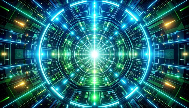 Vibrant, futuristic tunnel with bright concentric rings of green, blue, and yellow lights, leading to a central bright point. Geometric shapes create depth and a sense of movement forward