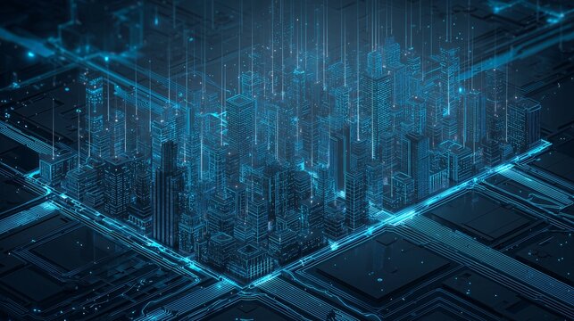 Futuristic isometric cityscape with glowing blue circuit lines, digital buildings, and neon lights, representing advanced technology, innovation, and cyberpunk atmosphere