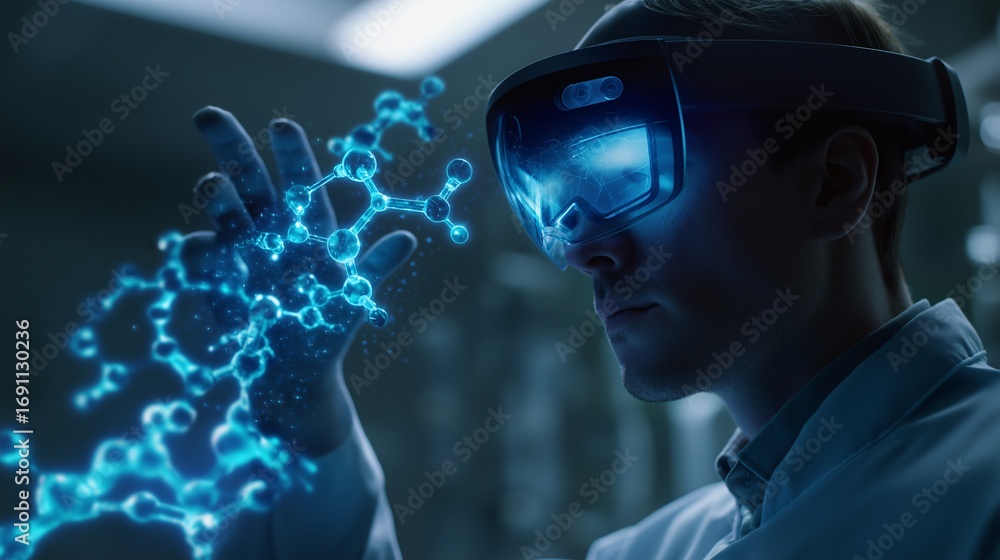 Poster Futuristic scientist wearing augmented reality headset interacts with glowing molecular structure in laboratory, showcasing advanced technology and innovation in science research