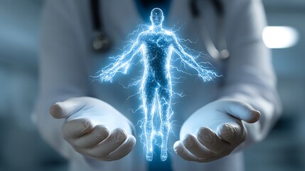Doctor Holding Human Body Energy Aura with Lightning in Gloves and Lab Coat