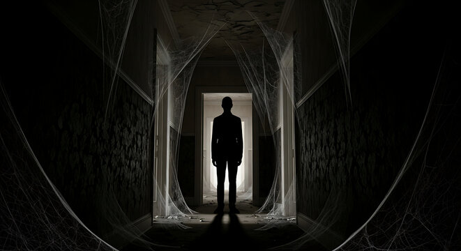 Mysterious silhouetted figure stands in a dark, cobweb-filled corridor, evoking suspense and the unknown. - Powered by Adobe