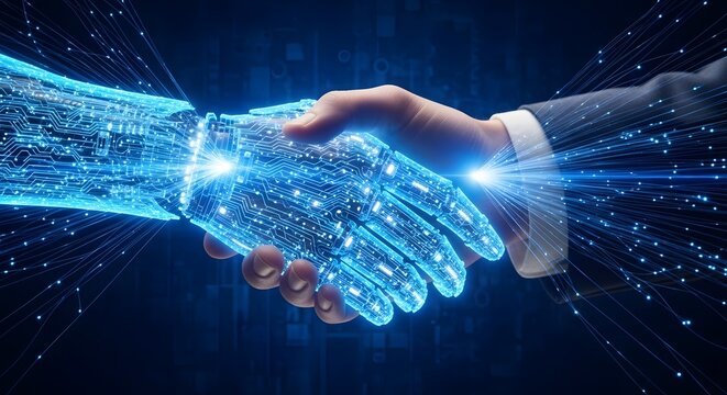Human hand shaking a futuristic glowing digital robot hand symbolizing artificial intelligence partnership - Powered by Adobe