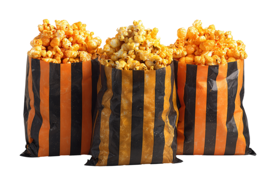 Paper bags with popcorn, decorated in Halloween colors, flat lay on white background, clean composition.
