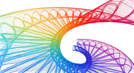 Vibrant abstract design featuring a flowing spiral of rainbow-colored lines creating a sense of digital energy and motion on a white background