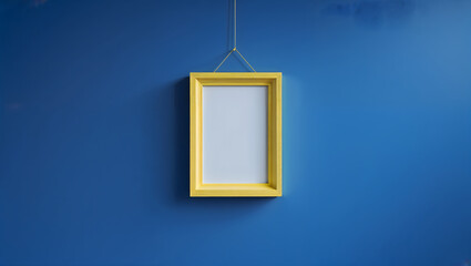 Blue painted wall in color contrast with yellow wooden picture frame with copy space generative AI
