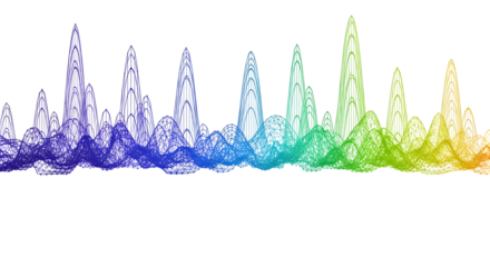 Conceptual digital illustration of a colorful sound wave spectrum, representing audio signal processing and rhythmic data analysis