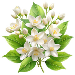 Beautiful blooming white flowers, like frangipani or jasmine, on a branch with green leaves against a soft background png