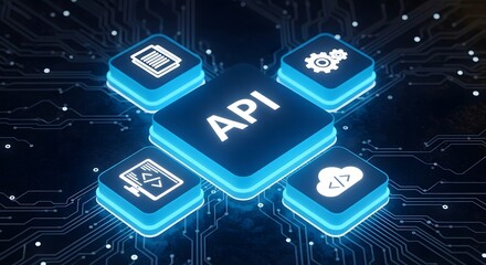 Abstract digital concept of api with glowing icons representing data services and cloud integration