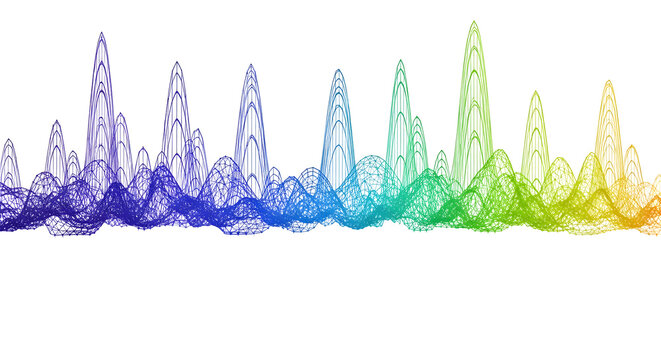 Conceptual digital illustration of a colorful sound wave spectrum, representing audio signal processing and rhythmic data analysis