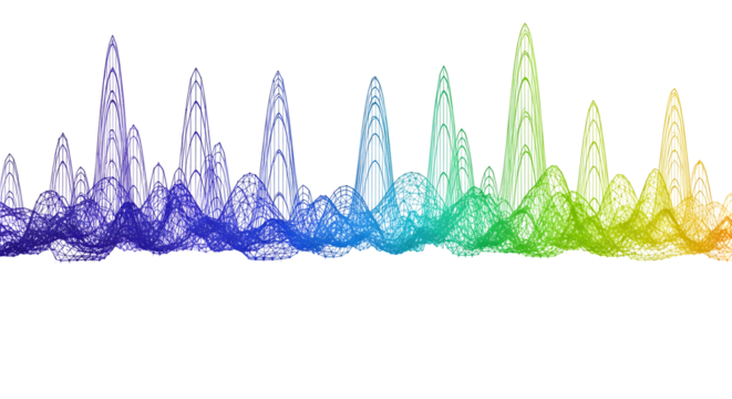 Conceptual digital illustration of a colorful sound wave spectrum, representing audio signal processing and rhythmic data analysis