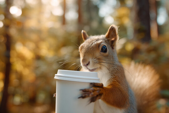 A cute squirrel with a cup of coffee. Morning autumn coffee. Concept: productivity at work, energy.