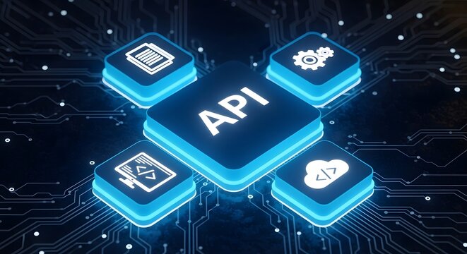 Abstract digital concept of api with glowing icons representing data services and cloud integration