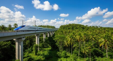 Obraz premium Modern High Speed Train Travels Through Lush Tropical Landscape