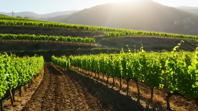 Lush vineyard rows under morning sun