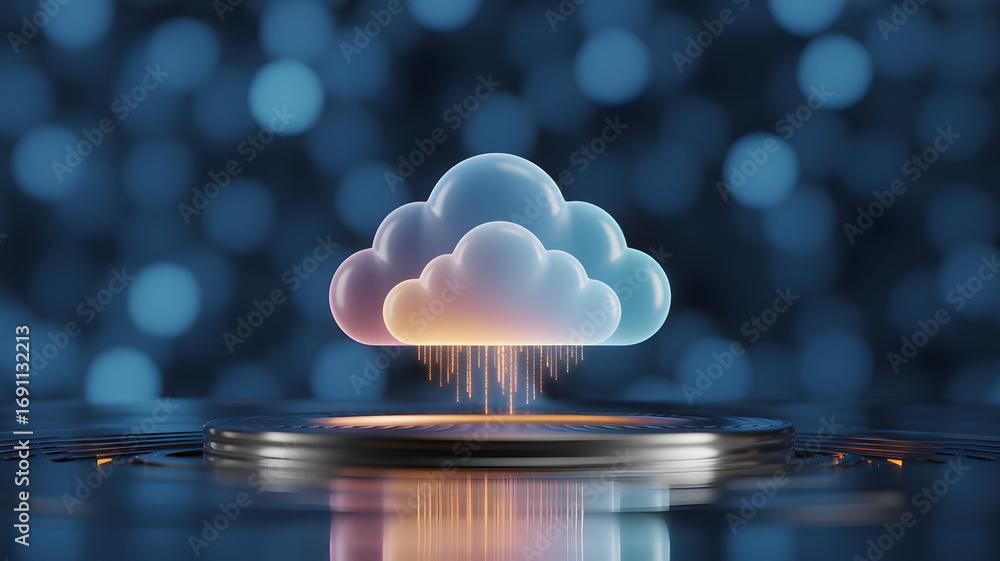Aufkleber cloud computing concept: an ethereal and luminous cloud floats majestically above a metallic surface