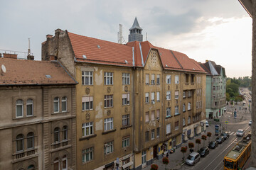 Budapest, Hungary - August 23, 2019: Window view of a street in the center of Budapest.