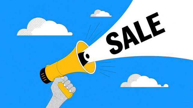 Illustration of a Hand Holding a Megaphone Announcing a Sale with Clouds in a Blue Sky