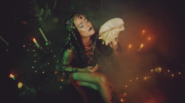 Beauty portrait river nymph fantasy woman holding large sea shell in hands pouring fresh water on face, night dark lake fog magic light. Fairy sexy elf girl art creative makeup black lips green eyes