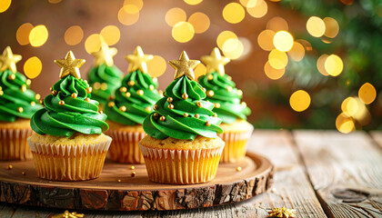 Festive green Christmas tree cupcakes with gold star toppers. AI