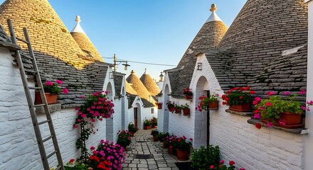 Picturesque trulli village in alberobello, italy, showcasing traditional architecture and floral displays