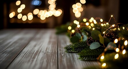 Rustic Garland with Warm Bokeh Lights on Wooden Table Background