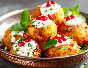 Obraz premium Dahi kachori, Indian street food dish, fried, stuffed potato balls topped with cream sauce and pomegranate. AI