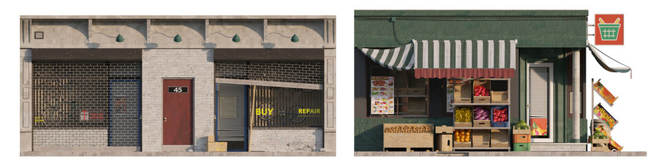 Multi-Use Retail Facade Storefront: Closed Multi-Purpose Shop isolated png on transparent background premium cutout
