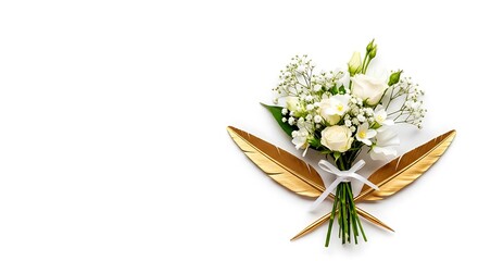 Elegant White Wedding Bouquet with Gold Feathers and Ribbon on White Background