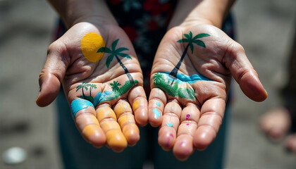 Children&rsquo;s hands painted in vibrant colors.