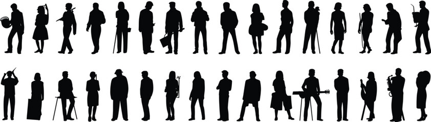 Silhouette collection of diverse people standing, walking, holding objects, working, playing music, black human shadow figures illustration, modern vector design concept art