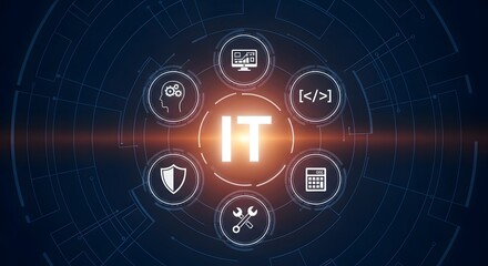 Digital it technology concept with glowing central text and surrounding icons